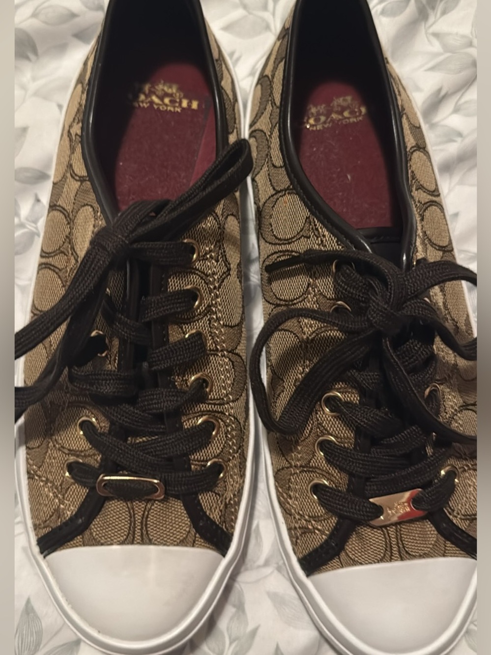 Coach Beige Brown Signature Canvas Lace-Up Sneakers with White Toe